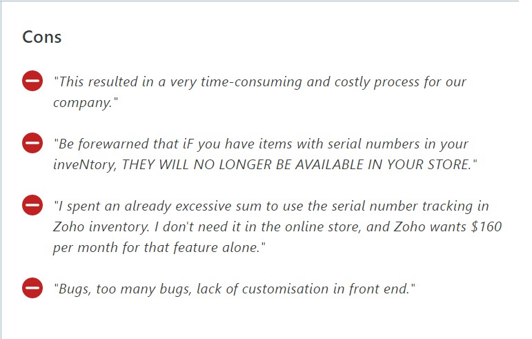 Cons of Zoho Commerce 